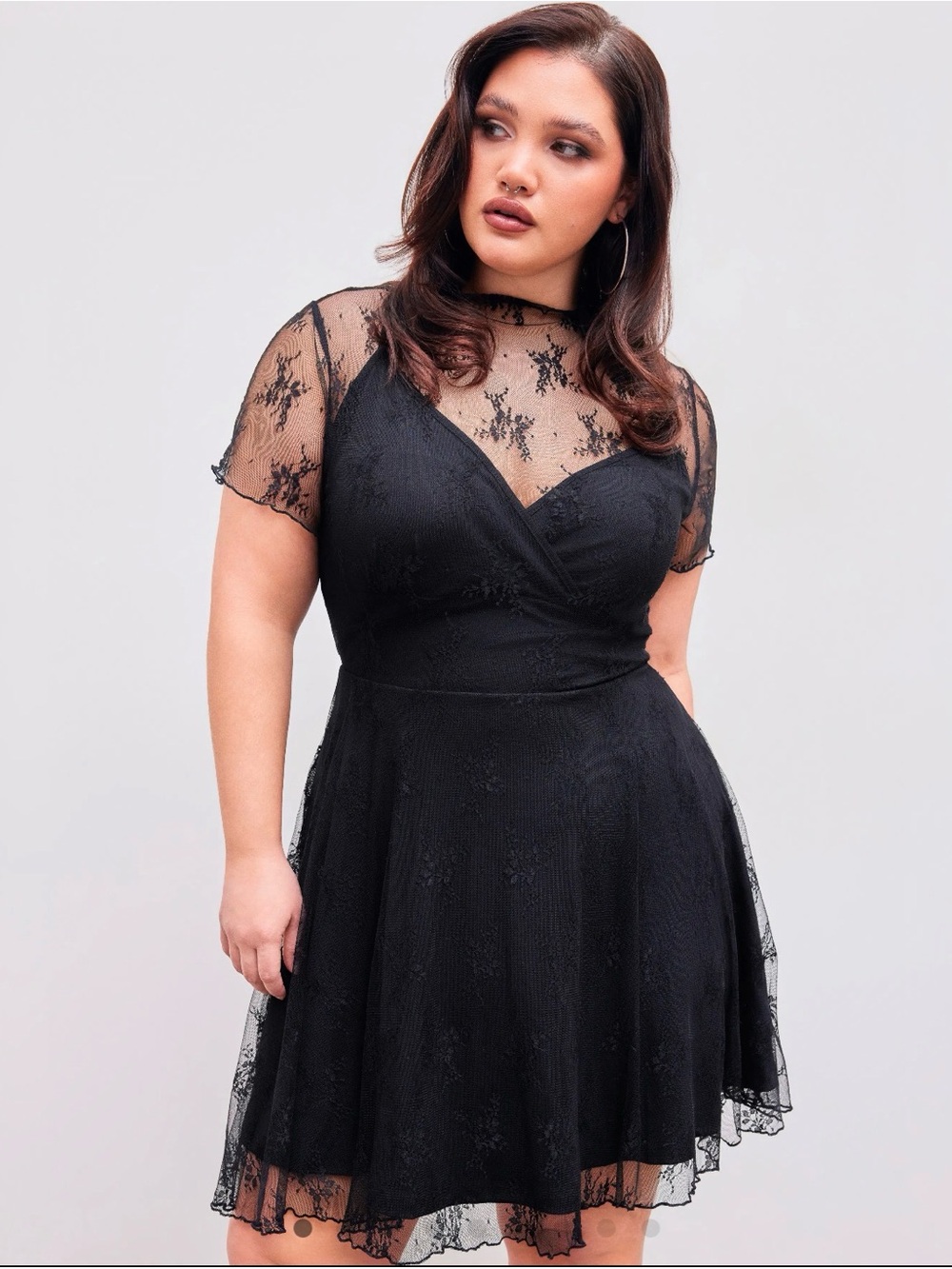 Lettuce-trim floral lace mini dress
